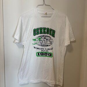 Vintage 80s T-Shirt Single Stitch White Airplane Oshkosh Fly in 1989 Made in USA